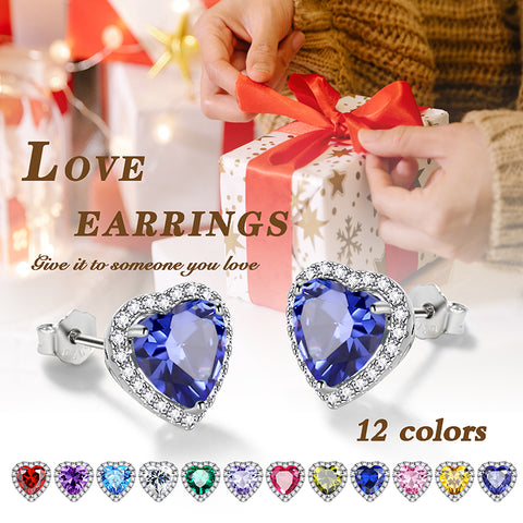 Heart Earrings for Women Girls Birthstone Earrings Stud Jewelry Birthday Gifts 925 Sterling Silver - Aurora Tears Jewelry