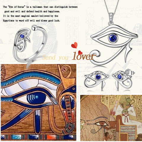 Ägyptisches Auge des Horus Schmucksets 4-teilig Halskette Ring Ohrringe Damen Herren Schmuck Geschenk