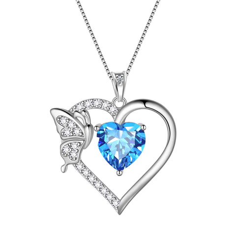 Women Blue Heart Necklace Butterfly March Birthstone Necklace Aquamarine 925 Sterling Silver Pendant Jewelry Christmas Birthday Mother's Day Gift - Aurora Tears