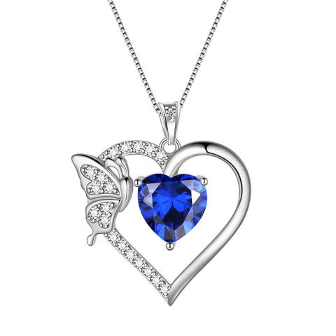 Women Blue Heart Necklace Butterfly September Birthstone Necklace Sapphire CZ 925 Sterling Silver Pendant Jewelry Birthday Mother's Day Gifts - Aurora Tears