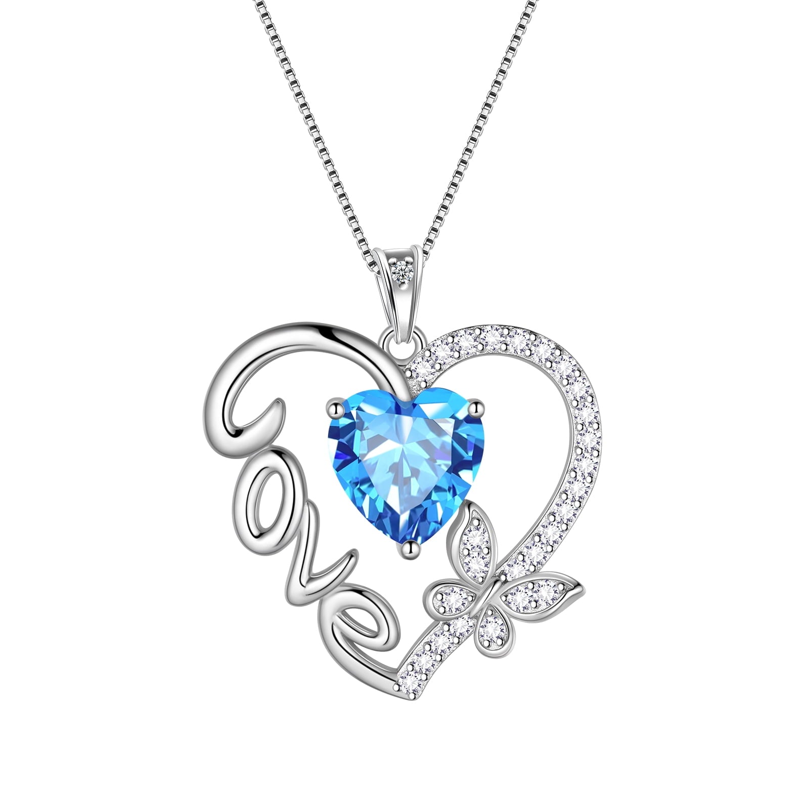 Women Blue Love Heart Necklace Butterfly March Birthstone Necklace Aquamarine CZ 925 Sterling Silver Pendant Jewelry Birthday Mother's Day Gift for Her - Aurora Tears