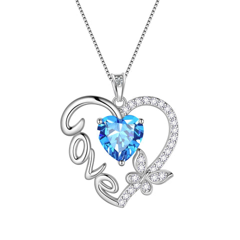 Women Blue Love Heart Necklace Butterfly March Birthstone Necklace Aquamarine CZ 925 Sterling Silver Pendant Jewelry Birthday Mother's Day Gift for Her - Aurora Tears