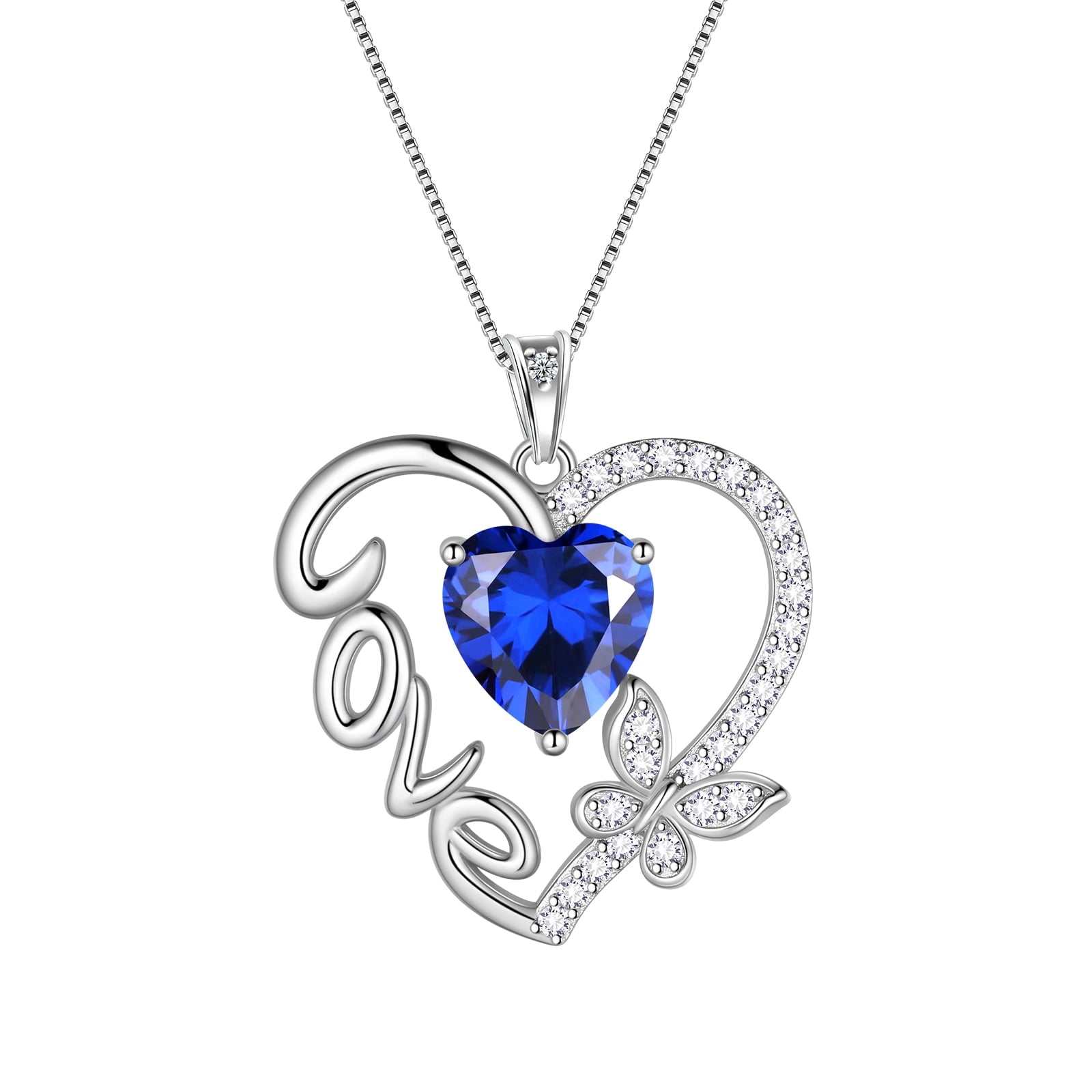 Women Blue Love Heart Necklace Butterfly September Birthstone Necklace Sapphire 925 Sterling Silver Pendant Jewelry Christmas Birthday Mother's Day Gift - Aurora Tears