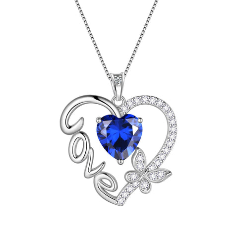 Women Blue Love Heart Necklace Butterfly September Birthstone Necklace Sapphire 925 Sterling Silver Pendant Jewelry Christmas Birthday Mother's Day Gift - Aurora Tears
