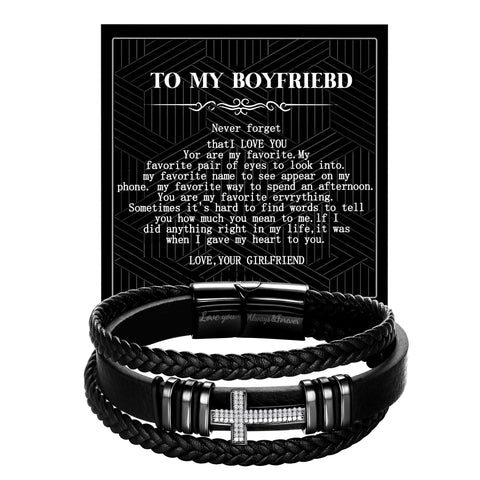 Black Leather Bracelet for Men Stainless Steel Cross Wristband Bangle
