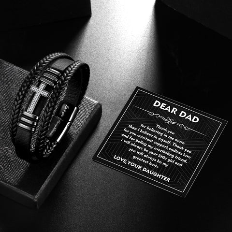 Bracelet en cuir noir pour homme avec croix en acier inoxydable