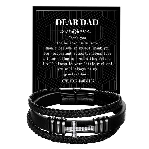 Black Leather Bracelet for Men Stainless Steel Cross Wristband Bangle