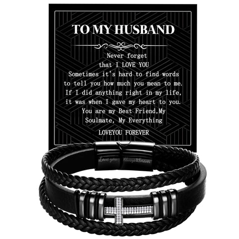Black Leather Bracelet for Men Stainless Steel Cross Wristband Bangle