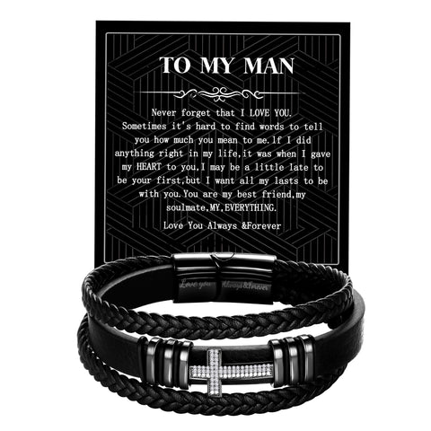Black Leather Bracelet for Men Stainless Steel Cross Wristband Bangle