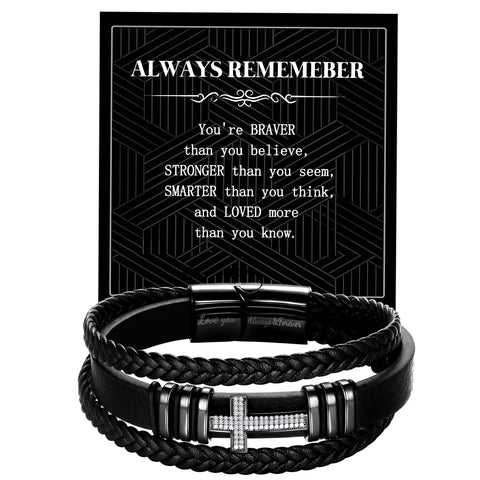 Black Leather Bracelet for Men Stainless Steel Cross Wristband Bangle