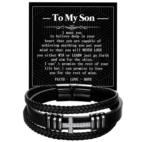 Black Leather Bracelet for Men Stainless Steel Cross Wristband Bangle