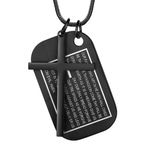 Stainless Steel Lord's Prayer Cross Dog Tag Necklace