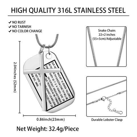 Stainless Steel Lord's Prayer Cross Dog Tag Necklace