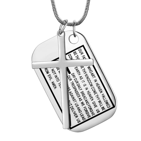 Stainless Steel Lord's Prayer Cross Dog Tag Necklace