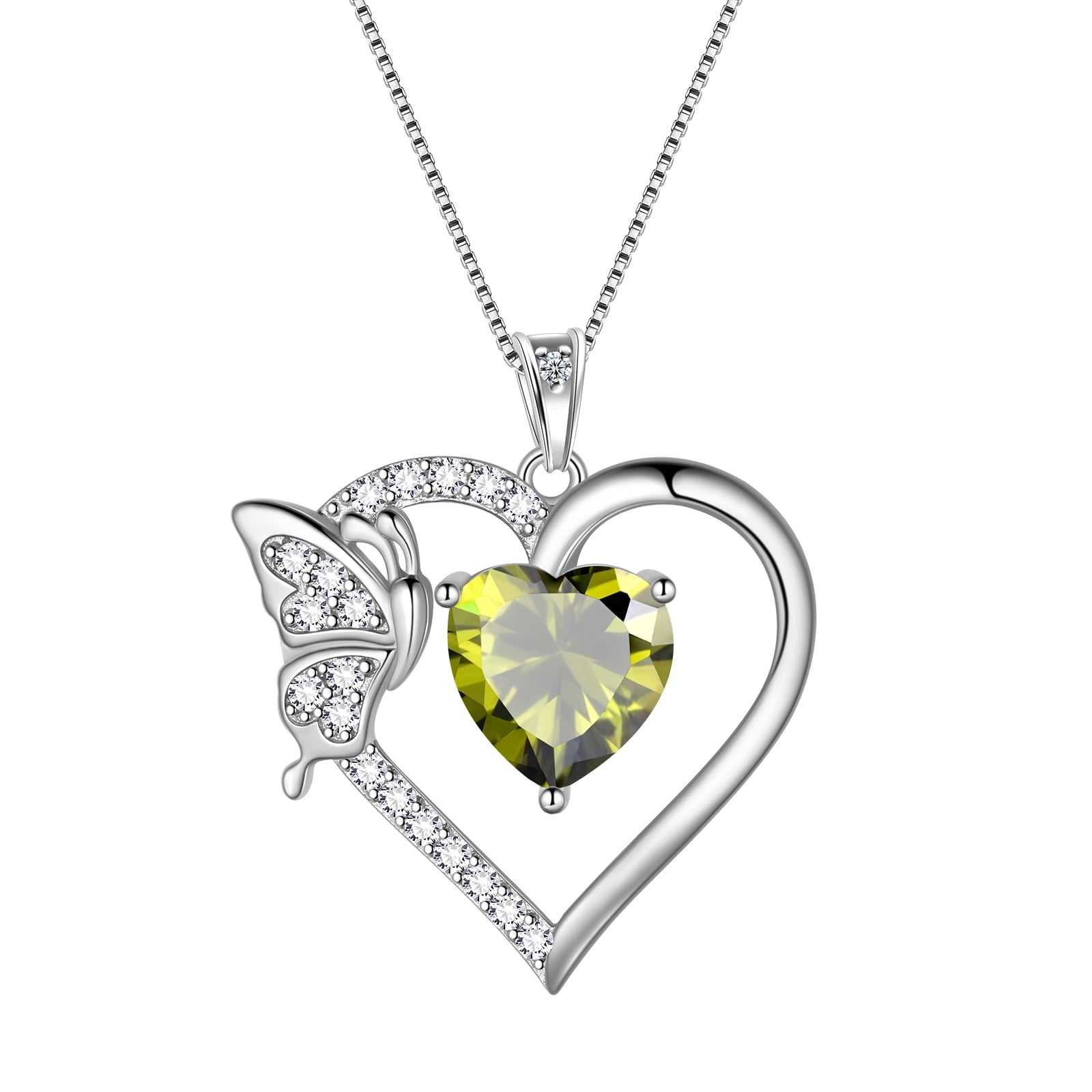 Women Green Heart Necklace Butterfly August Birthstone Necklace Peridot Crystal 925 Sterling Silver Pendant Jewelry Birthday Mother's Day Gift - Aurora Tears