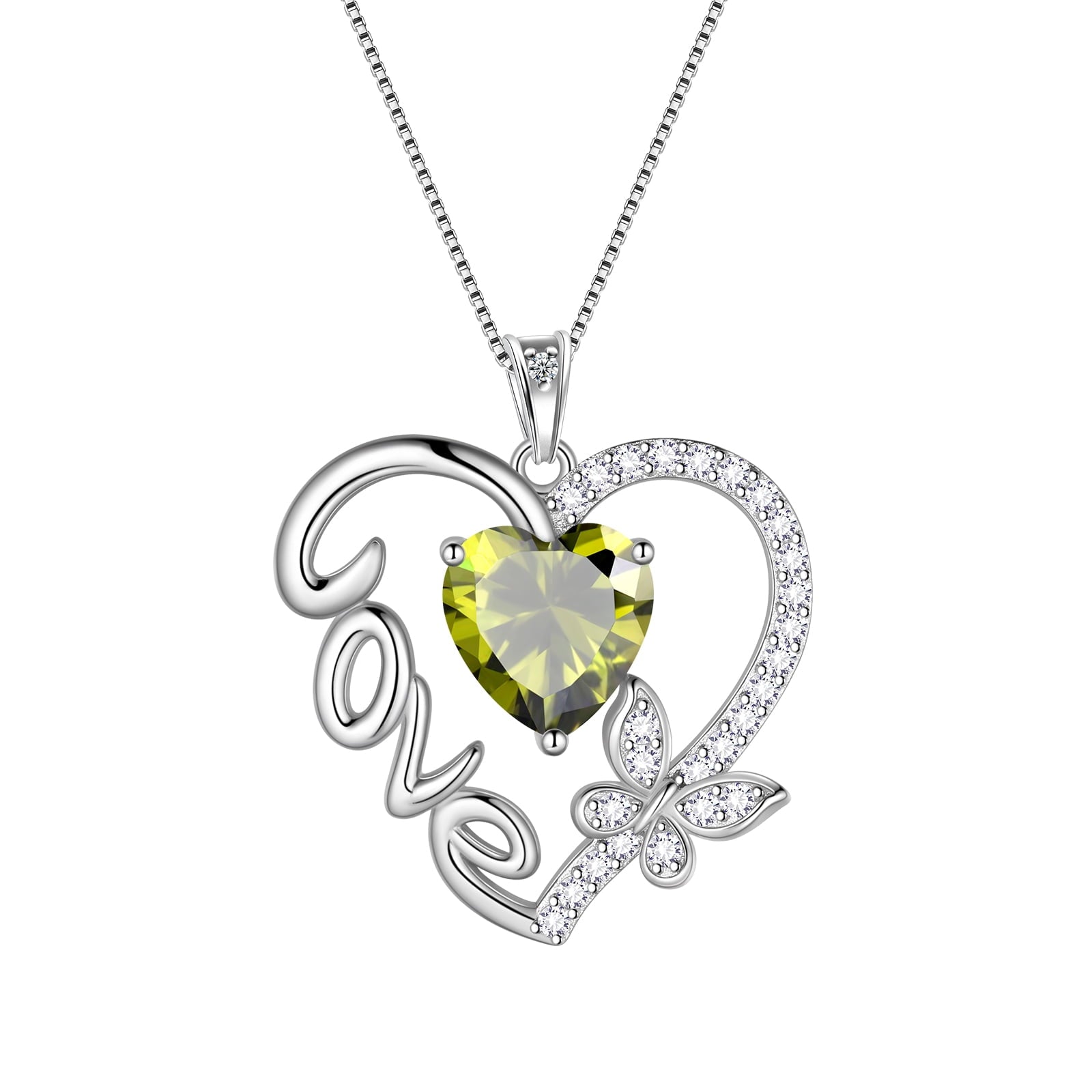 Women Green Love Heart Necklace Butterfly August Birthstone Necklace Peridot CZ 925 Sterling Silver Pendant Jewelry Christmas Birthday Mother's Day Gift - Aurora Tears