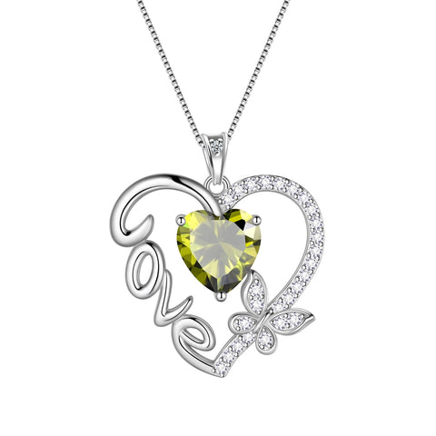 Women Green Love Heart Necklace Butterfly August Birthstone Necklace Peridot CZ 925 Sterling Silver Pendant Jewelry Christmas Birthday Mother's Day Gift - Aurora Tears