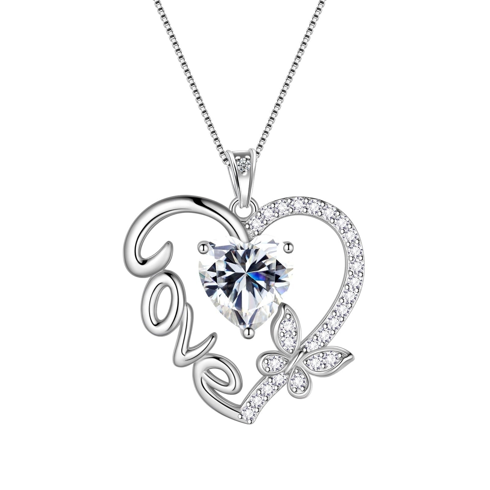 Women White Love Heart Necklace Butterfly April Birthstone Necklace Diamond CZ 925 Sterling Silver Pendant Jewelry Birthday Valentines Mother's Day Gift - Aurora Tears