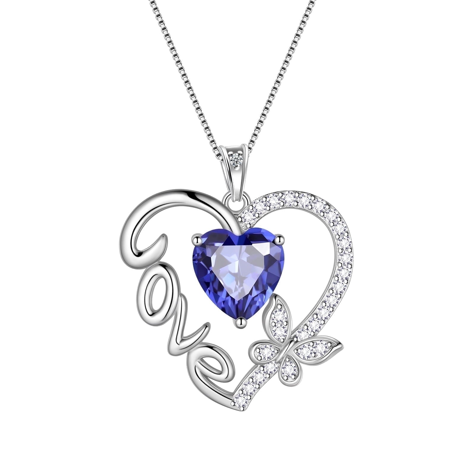 Women Blue Love Heart Necklace Butterfly December Birthstone Necklace Tanzanite 925 Sterling Silver Pendant Jewelry Mother Wife Christmas Birthday Gift - Aurora Tears