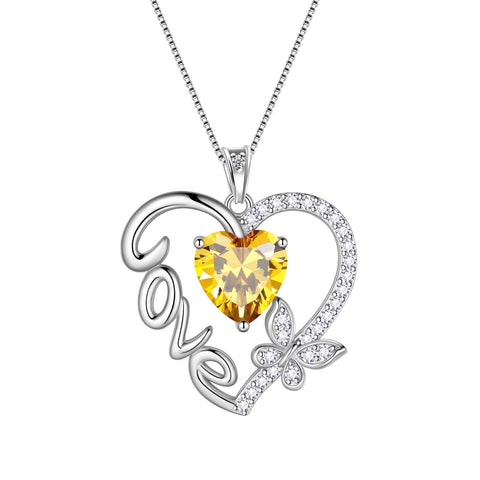 Women Yellow Love Heart Necklace Butterfly November Birthstone Necklace Citrine 925 Sterling Silver Pendant Jewelry Christmas Birthday Gifts for Mother - Aurora Tears