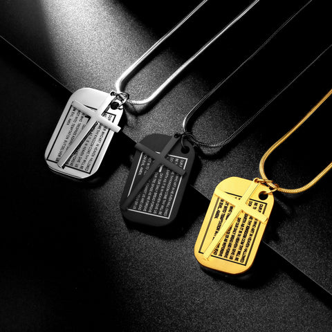 Stainless Steel Lord's Prayer Cross Dog Tag Necklace