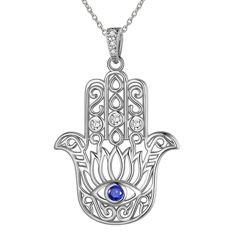 Blue Evil Eye Necklace 925 Sterling Silver Lotus Fatima Hamsa Hand Pendant Jewelry Gifts for Men Women