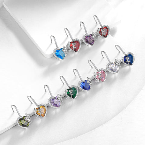 Juwaliy Women Birthstone Drop Earrings Heart Butterfly Flower Jewelry Hook 925 Sterling Silver Mother Valentine's Day Gift