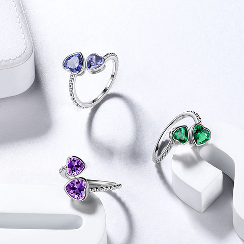 Anillo con piedra natal de corazones y amor doble para mujer, regalo de cumpleaños para niñas, Plata de ley 925