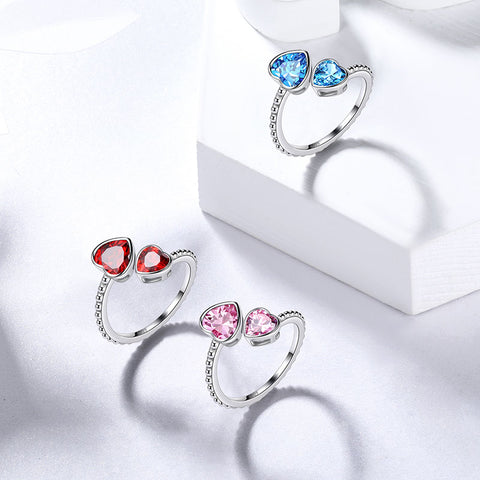 Anillo con piedra natal de corazones y amor doble para mujer, regalo de cumpleaños para niñas, Plata de ley 925