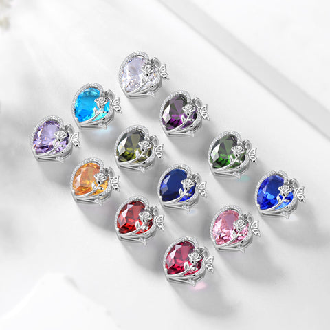 Juwaliy Women Heart Necklace Butterfly Rose Flower Pendant Birthstone Jewelry 925 Sterling Silver Mother Valentine's Day Gift
