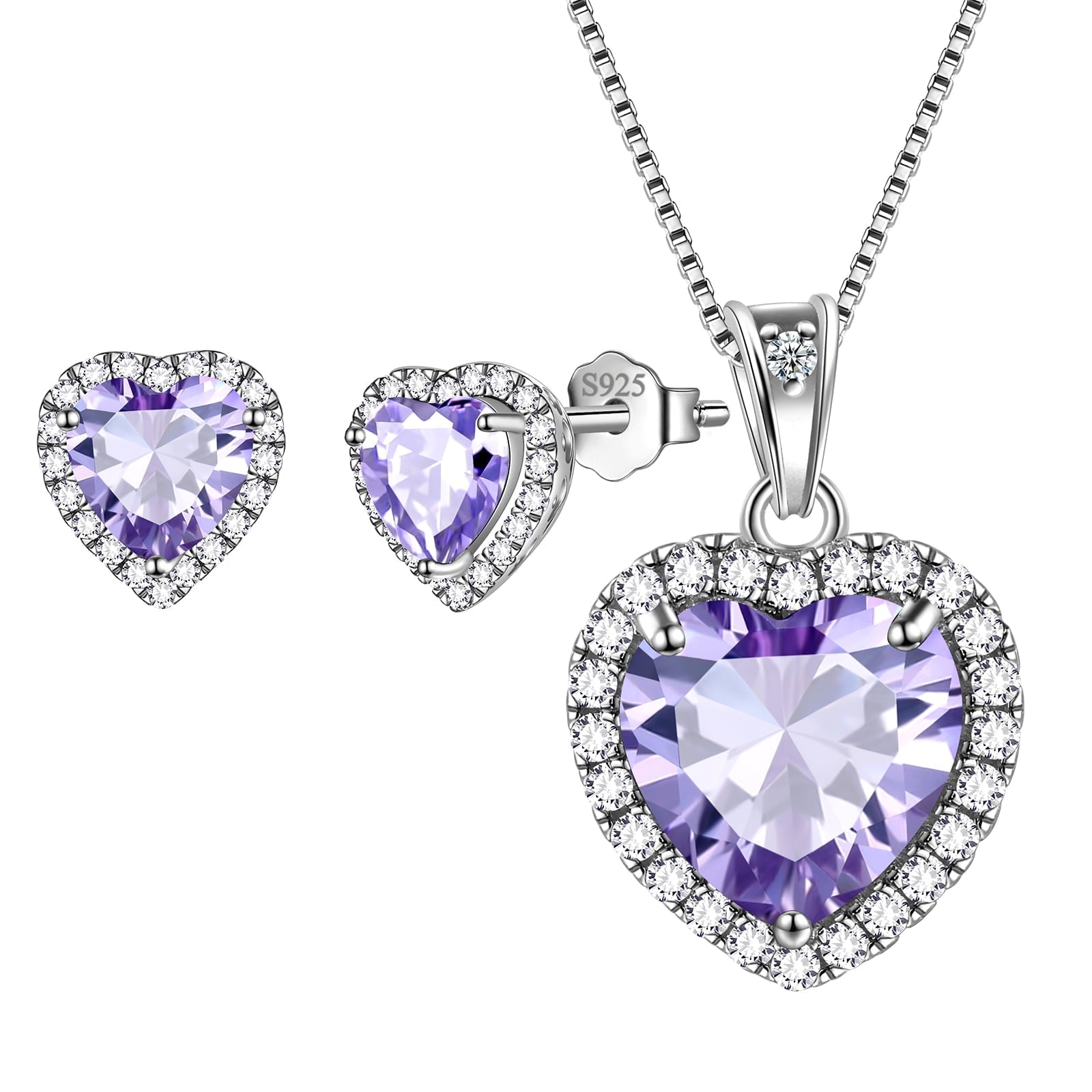 Hearts Jewelry Sets 3PCS 925 Sterling Silver Birthstone Necklace Earrings for Women Girls - Aurora Tears Jewelry