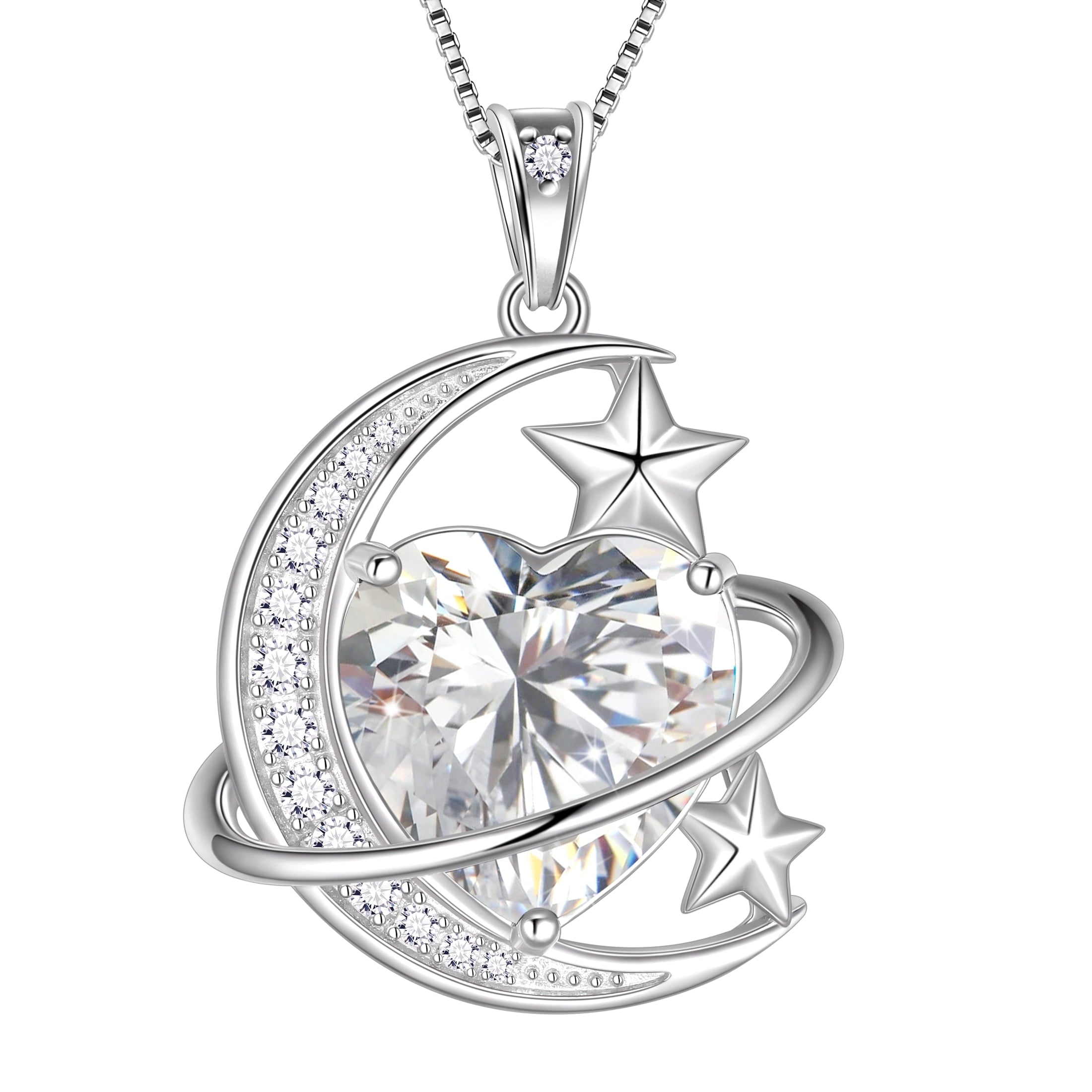 13MM Women Moon Star Necklace Heart April Birthstone 925 Sterling Silver Celestial Necklace Pendant Diamond Crystal Jewelry Christmas Birthday Valentines Gift for Wife/Mom - Aurora Tears