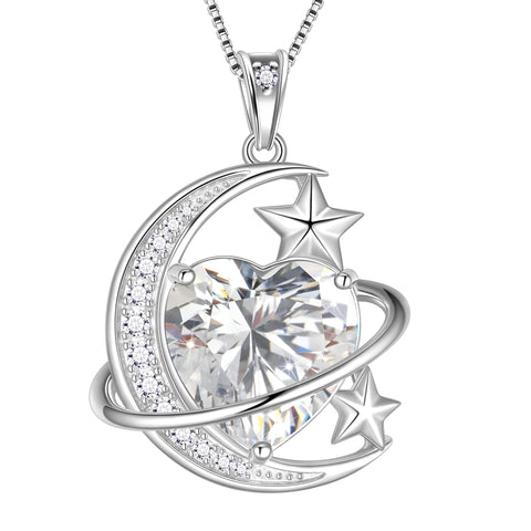 13MM Women Moon Star Necklace Heart April Birthstone 925 Sterling Silver Celestial Necklace Pendant Diamond Crystal Jewelry Christmas Birthday Valentines Gift for Wife/Mom - Aurora Tears