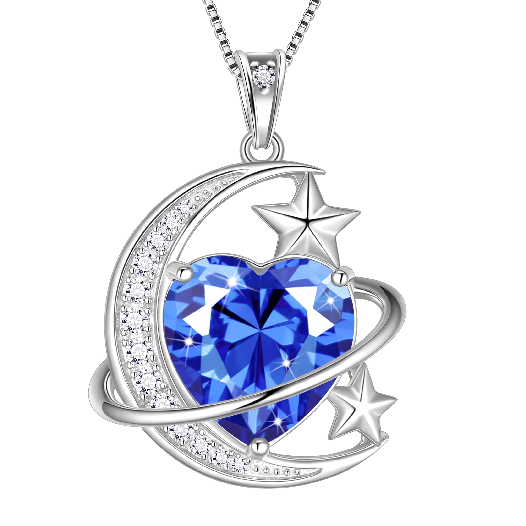 13MM Women Moon Star Necklace Heart December Birthstone 925 Sterling Silver Pendant Blue Tanzanite planet Jewelry Christmas Valentine Birthday Gift for Daughter/Mother/Wife - Aurora Tears