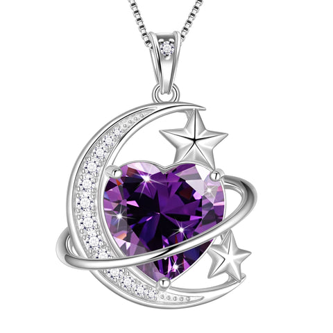 13MM Women Moon and Star Necklace Heart February Birthstone 925 Sterling Silver Pendant Purple Amethyst Celestial Jewelry Birthday Valentine's Day Gift for Wife/Mother/Her - Aurora Tears