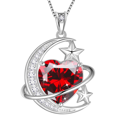 13MM Women Moon and Star Necklace Heart January Birthstone 925 Sterling Silver Pendant Planet Celestial Necklace Red Garnet Jewelry Birthday Valentine's Day Gift for Mother - Aurora Tears
