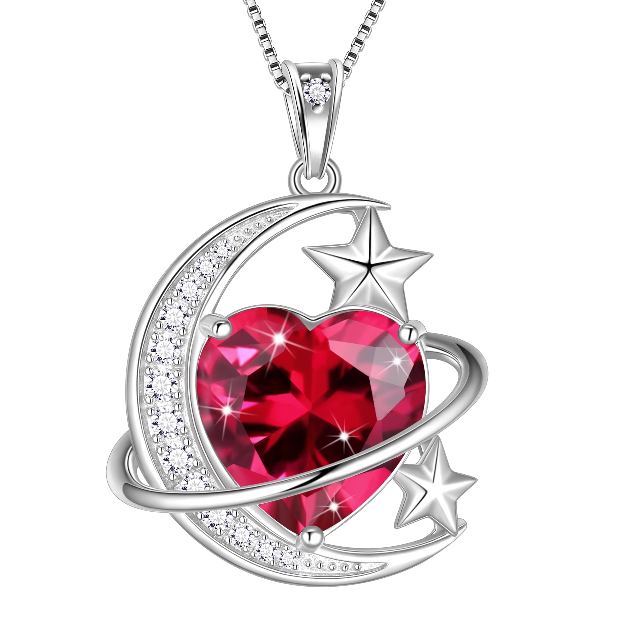 13MM Women Moon and Star Necklace Heart July Birthstone 925 Sterling Silver Pendant Red Ruby Celestial Jewelry Christmas Birthday Valentine's Day Gift for Her/Wife/Mother - Aurora Tears