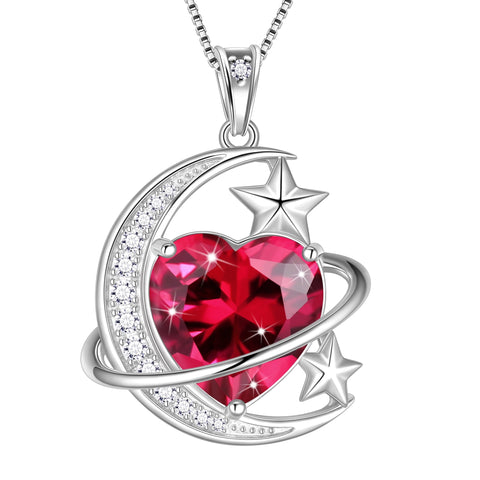 13MM Women Moon and Star Necklace Heart July Birthstone 925 Sterling Silver Pendant Red Ruby Celestial Jewelry Christmas Birthday Valentine's Day Gift for Her/Wife/Mother - Aurora Tears