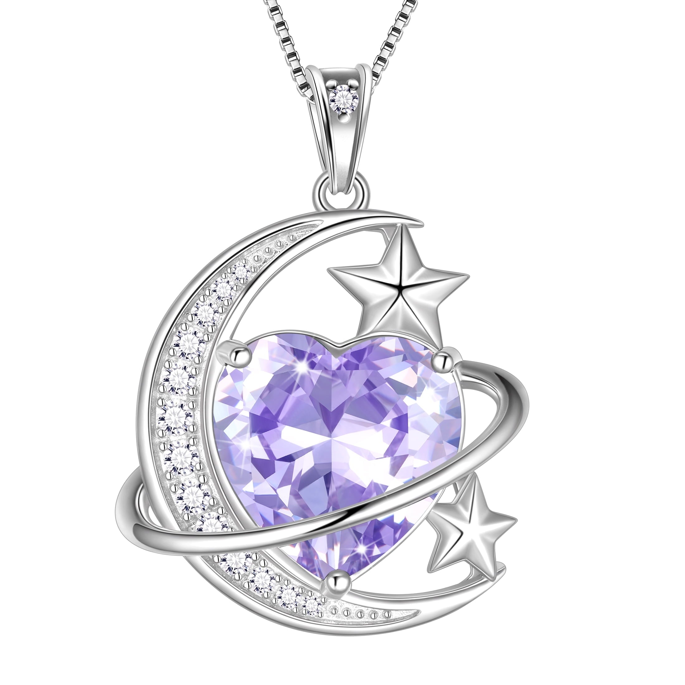 13MM Women Moon and Star Necklace Heart June Birthstone 925 Sterling Silver Celestial Pendant Purple Alexandrite Jewelry Christmas Birthday Valentines Gift for Her/Wife/Mom - Aurora Tears