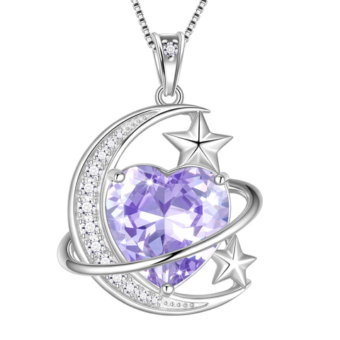 13MM Women Moon and Star Necklace Heart June Birthstone 925 Sterling Silver Celestial Pendant Purple Alexandrite Jewelry Christmas Birthday Valentines Gift for Her/Wife/Mom - Aurora Tears