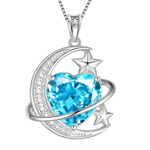 13MM Women Moon Star Necklace Heart March Birthstone 925 Sterling Silver Pendant Blue Aquamarine Planet Celestial Jewelry Birthday Christmas Valentines Gift for Wife/Mother - Aurora Tears
