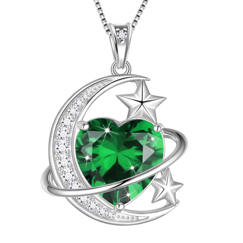 13MM Women Moon Star Necklace Heart May Birthstone 925 Sterling Silver Pendant Green Emerald Planet Celestial Jewelry Christmas Valentine Birthday Mother's Day Gift for Mom - Aurora Tears