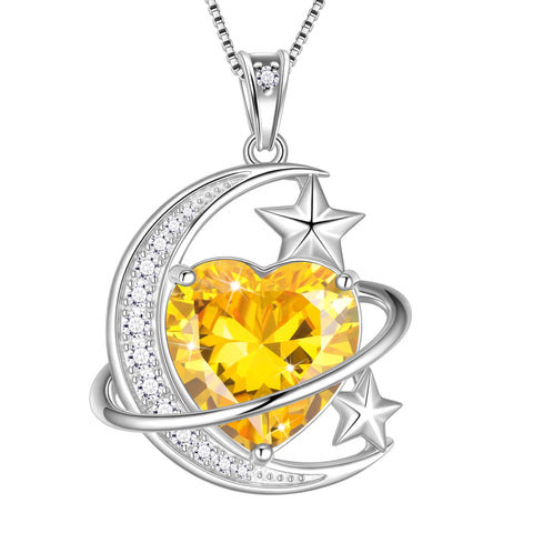 13MM Women Moon and Star Necklace Heart November Birthstone 925 Sterling Silver Sun and Moon Necklace Pendant Yellow Citrine Jewelry Christmas Valentines Mother's Day Gift - Aurora Tears