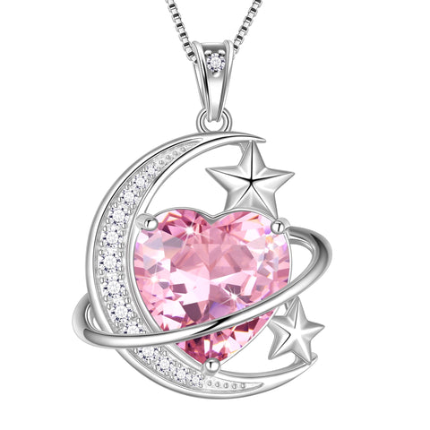 13MM Women Moon Star Necklace Heart October Birthstone 925 Sterling Silver Pendant Pink Tourmaline Plane Jewelry Christmas Birthday Valentine's Day Gift for Her/Wife/Mother - Aurora Tears