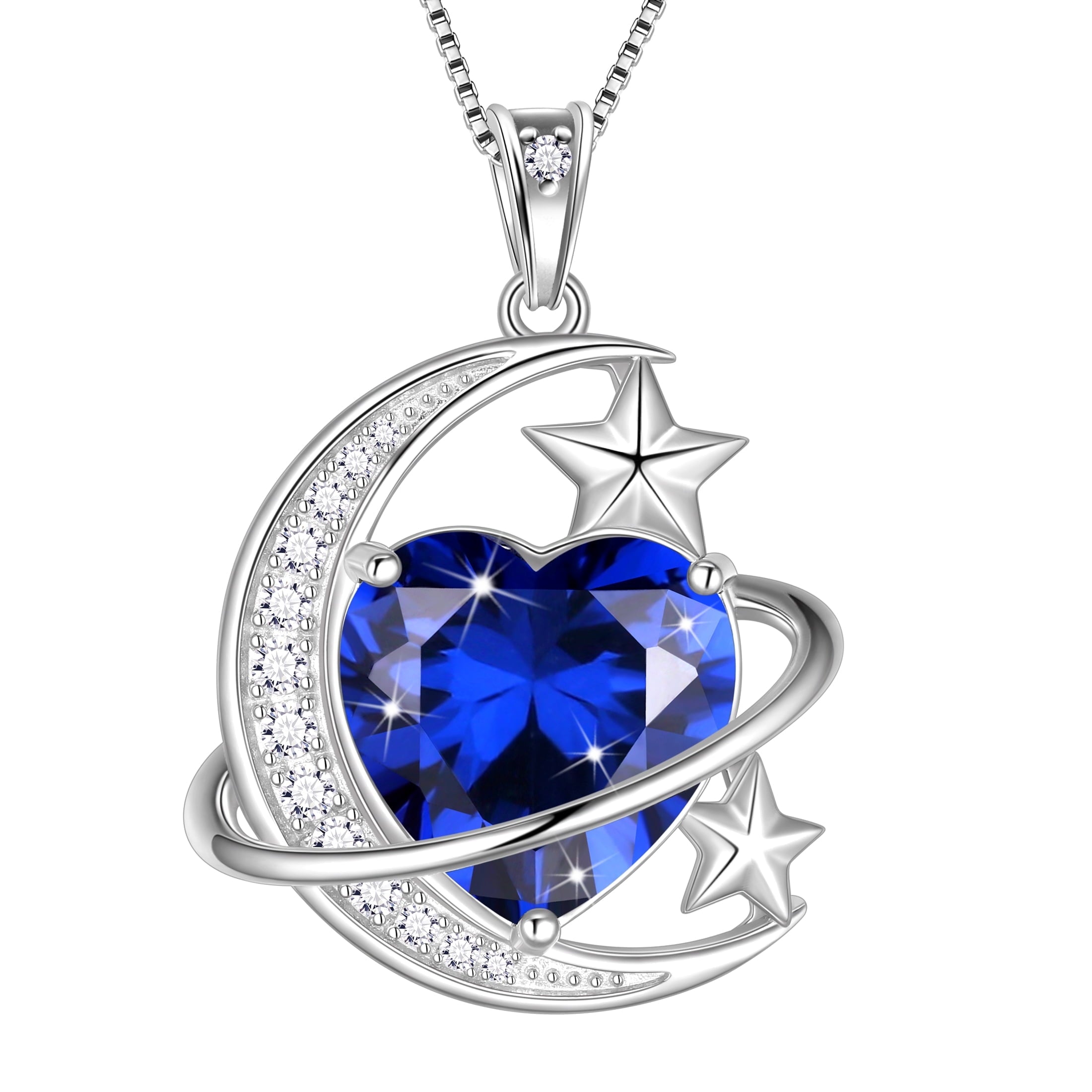 13MM Women Moon Stars Necklace Heart September Birthstone 925 Sterling Silver Pendant Blue Sapphire Jewelry Christmas Valentines Birthday Mother's Day Gift for Her/Wife/Mom - Aurora Tears