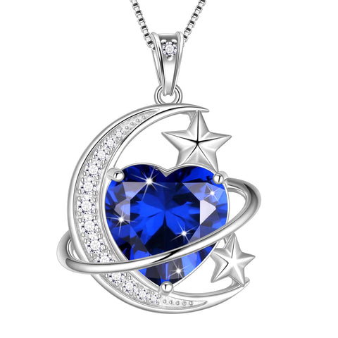 13MM Women Moon Stars Necklace Heart September Birthstone 925 Sterling Silver Pendant Blue Sapphire Jewelry Christmas Valentines Birthday Mother's Day Gift for Her/Wife/Mom - Aurora Tears