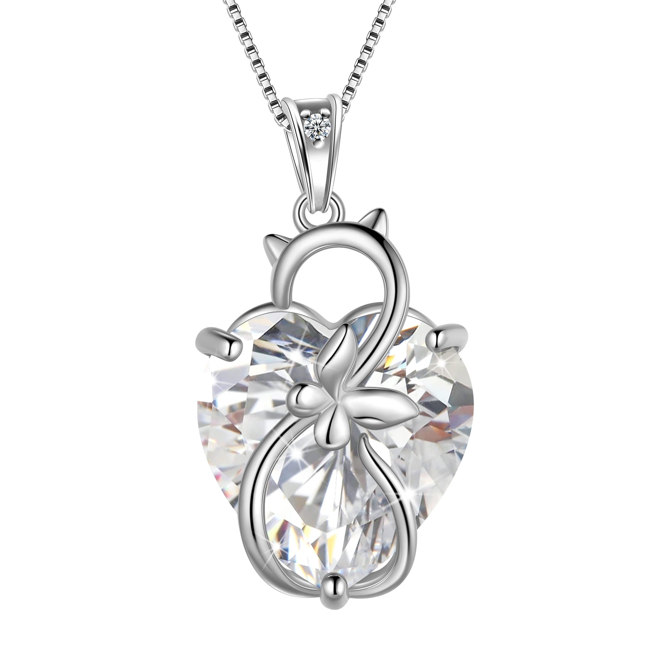 15MM Women Cat Necklace Heart April Birthstone 925 Sterling Silver Pendant Diamond Crystal Butterfly Jewelry Birthday Gift for Cat Lover - Aurora Tears