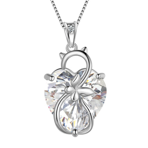 15MM Women Cat Necklace Heart April Birthstone 925 Sterling Silver Pendant Diamond Crystal Butterfly Jewelry Birthday Gift for Cat Lover - Aurora Tears