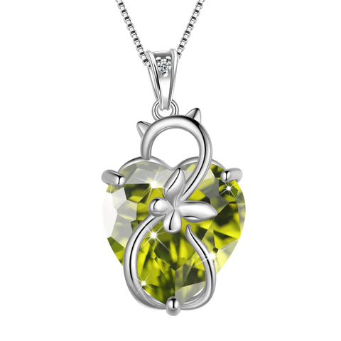 15MM Women Cat Necklace Heart August Birthstone 925 Sterling Silver Pendant Butterfly Green Peridot Jewelry Mom Christmas Birthday Gift - Aurora Tears