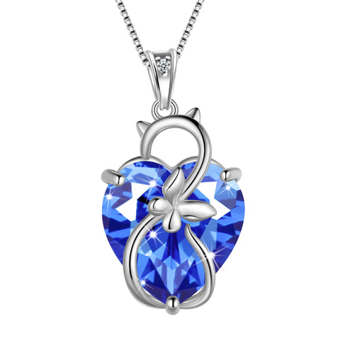 15MM Women Cat Necklace Heart December Birthstone 925 Sterling Silver Pendant Butterfly Blue Tanzanite Jewelry Christmas Birthday Mother's Day Gift - Aurora Tears
